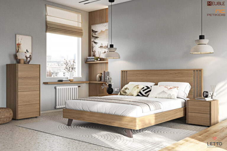 Letto Κρεβατοκάμαρα Cliff collection DR01 σε μοντέρνο και minimal style κατασκευασμένη από φυσικό ξύλο δρυς, μασίφ ξύλινα πόδια και στοιχεία ψάθας στο κεφαλάρι.