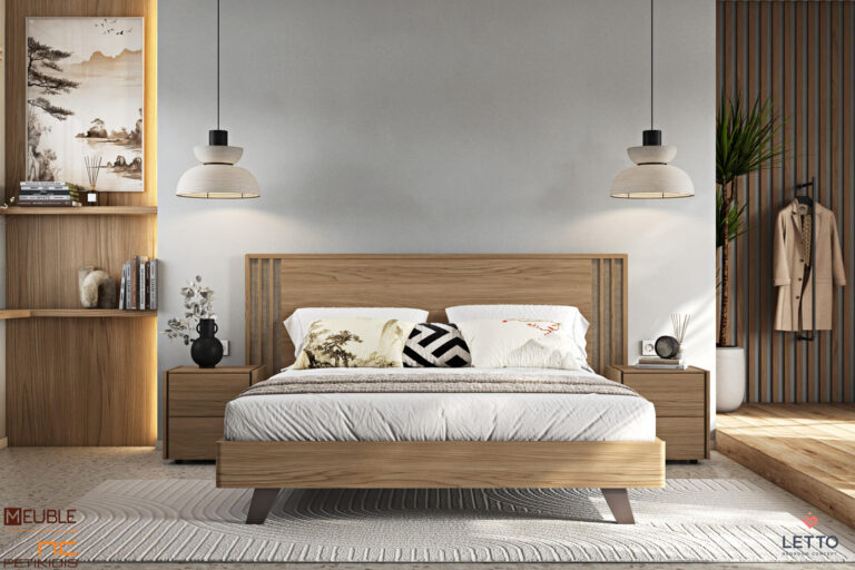 Letto Κρεβατοκάμαρα Cliff collection DR01 σε μοντέρνο και minimal style κατασκευασμένη με καπλαμά φυσικού ξύλου δρυς, μασίφ ξύλινα πόδια και στοιχεία ψάθας στο κεφαλάρι.