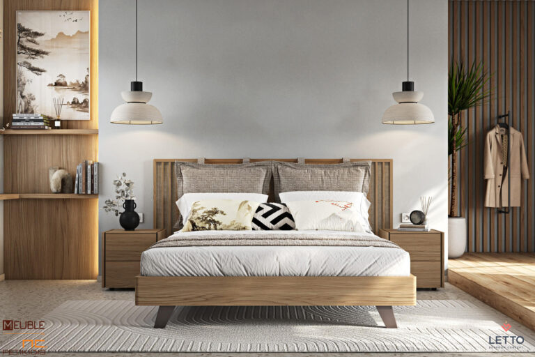 Letto Κρεβατοκάμαρα Cliff collection DR01 με μαξιλάρες σε μοντέρνο και minimal style κατασκευασμένη από καπλαμά φυσικού ξύλου δρυς, μασίφ ξύλινα πόδια και στοιχεία ψάθας στο κεφαλάρι. Το ύφασμα είναι αδιάβροχο και αλέκιαστο σε καφέ τόνους.