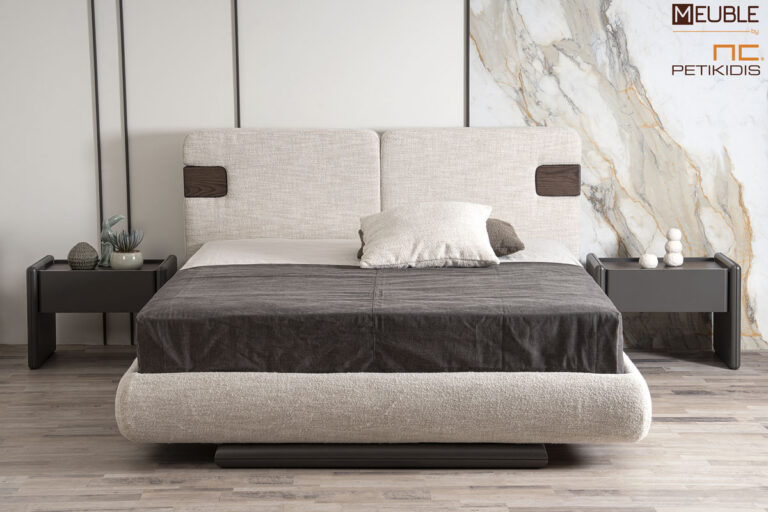 Κρεβατοκάμαρα Solid με ύφασμα αλέκιαστο σε εκρού αποχρώσεις, ξύλο δρυς και λεπτομέρειες λάκας. Μοντέρνος και minimal σχεδιασμός. Διατίθεται σε μεγάλη ποικιλία χρωμάτων by Eterno Mobili.