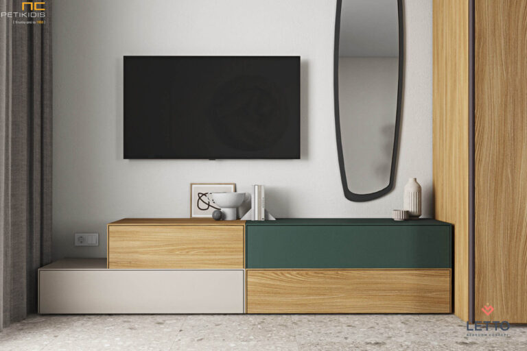 Σύνθεση Luxx σε ξύλο δρυς, λάκα μπες και πράσινο χρώμα. Μπορούν να συνδυαστούν και να δώσουν ακόμα και έπιπλο τηλεόρασης.