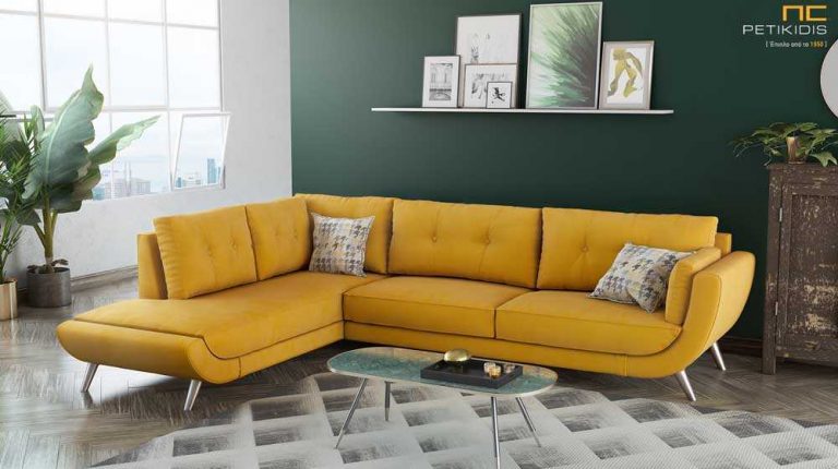 Καναπές Γωνία με Ξύλινα Πόδια σε Ώχρα