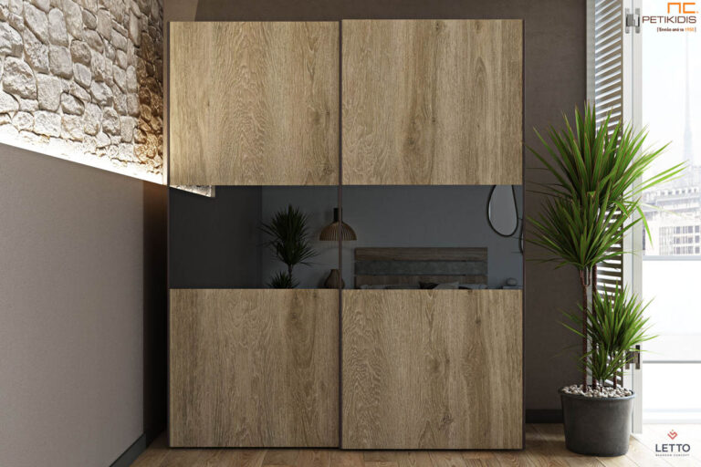 Ντουλάπα Joy με τεχνητό καπλαμά και γυαλί. Διαθέτει συρόμενες πόρτες. Παράγεται σε μεγάλη ποικιλία διαστάσεων.