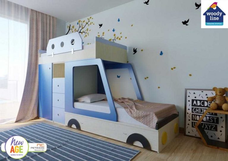 Παιδικό & εφηβικό δωμάτιο Αμάξι. Κουκέτα με επιπλέον μηχανισμό συρόμενου κρεβατιού και ντουλάπα με συρτάρια. Διατίθεται σε ποικιλία χρωμάτων.