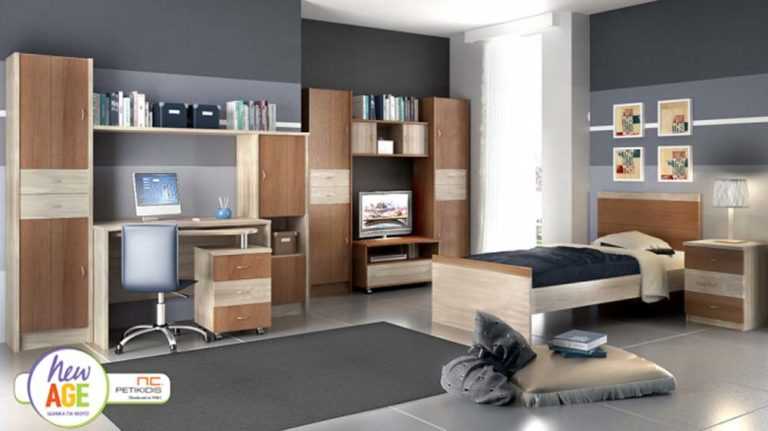 Παιδικό & εφηβικό δωμάτιο Αμοργός 8 με κρεβάτι, κομοδίνο, γραφείο, εταζιέρα, βιβλιοθήκες και έπιπλο τηλεώρασης.