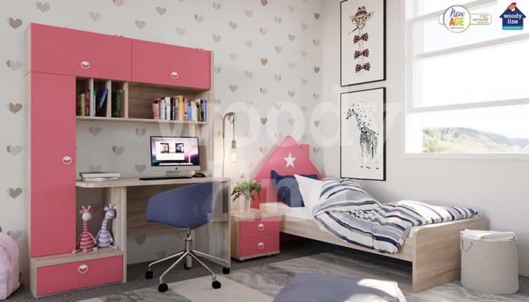 Παιδικό δωμάτιο Αστέρι 1 με κρεβάτι, γραφείο & βιβλιοθήκη. Διατήθεται σε μεγάλη ποικιλία χρωμάτων. Το κεφαλάρι του κρεβατιού είναι σε σχήμα σπιτιού και δίνει μια πιο παιχνιδιάρικη διαθέση.