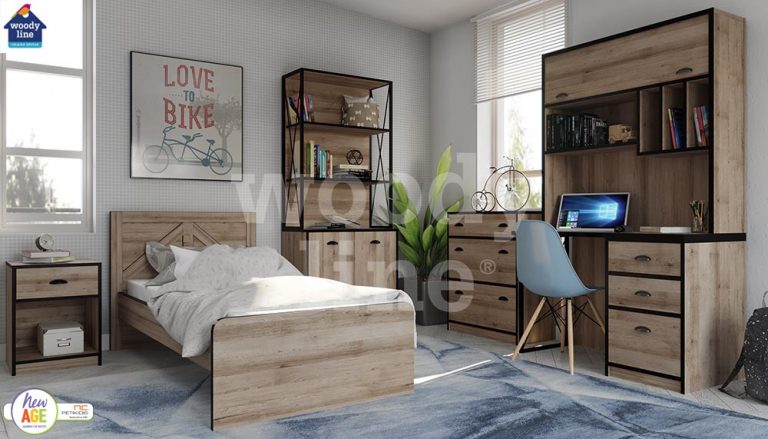 Παιδικό & εφηβικό δωμάτιο Εφηβικό 1 με κρεβάτι, κομοδίνο, γραφείο, εταζιέρα, βιβλιοθήκη και συρταριέρα. Διαθέτει συνδιασμό με τεχνιτό ξύλο και μέταλλο.