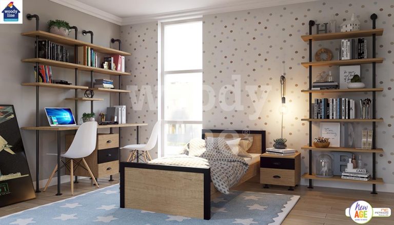 Παιδικό & εφηβικό δωμάτιο Εφηβικό 2 με κρεβάτι, κομοδίνο, γραφείο δύο θέσεων εργασίας, εταζιέρα και ραφιέρα. Συνδιάζει το τεχνιτό ξύλο και το μέταλλο δίνοντάς μια αίσθηση industrial style.