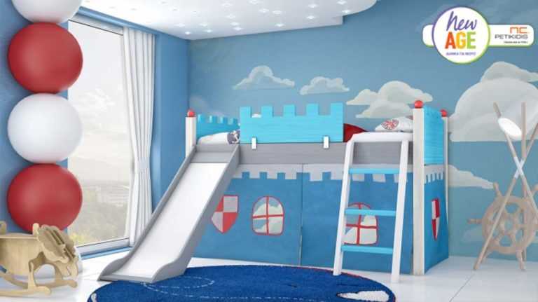 Παιδικό κρεβάτι Κάστρο 3. Η τσουλίθρα και τα υφάσματα δίνουν μια παιχνιδίαρικη διάθεση. Με πολύ εύκολο τρόπο μπορεί να μετατραπεί σε απλό κρεβάτι καθώς η τσουλίθρα, τα σκαλιά, τα υφάσματα και οι βάσεις για το ύψος του κρεβατιού αποσπώνται.