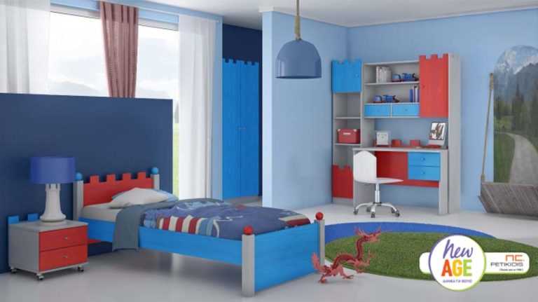 Παιδικό δωμάτιο Κάστρο 3 με κρεβάτι, κομοδίνο, γραφείο, εταζιέρα και βιβλιοθήκη. Διατίθεται σε ποικιλία χρωμάτων.