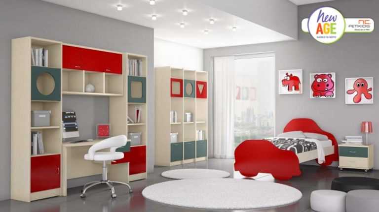 Παιδικό δωμάτιο Τρίγωνο 1 με κρεβάτι, κομοδίνο, γραφείο, εταζιέρα και βιβλιοθήκες. Διατίθεται σε ποικιλία χρωμάτων.