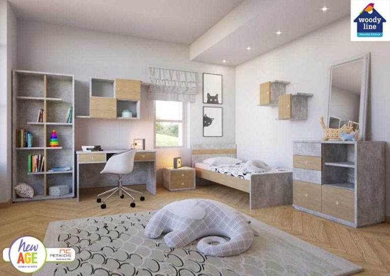 Παιδικό & εφηβικό δωμάτιο Τσιμέντο με κρεβάτι, κομοδίνο, γραφείο, εταζιέρα, βιβλιοθήκη και συρταριέρα.