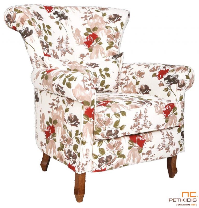 Πολυθρόνα Bergamo σε νεοκλασικό ύφος με ξύλινα πόδια και ύφασμα σε λουλούδια.