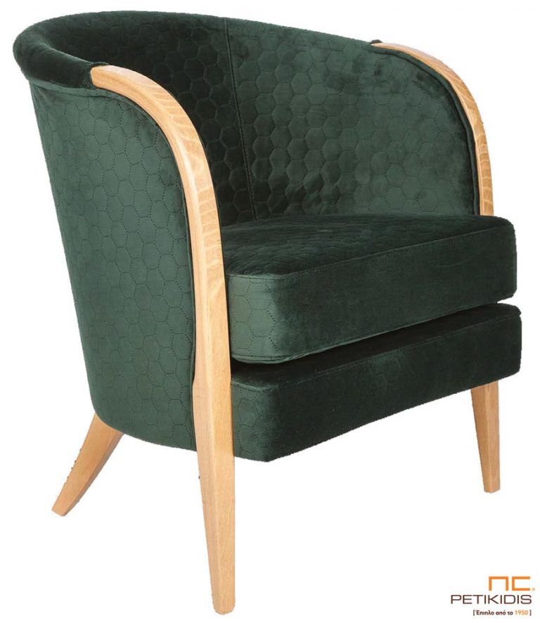 Πολυθρόνα Firenze με ξύλινα πόδια σε κυκλική γραμμή με βελούδινο πράσινο ύφασμα καπιτονέ.