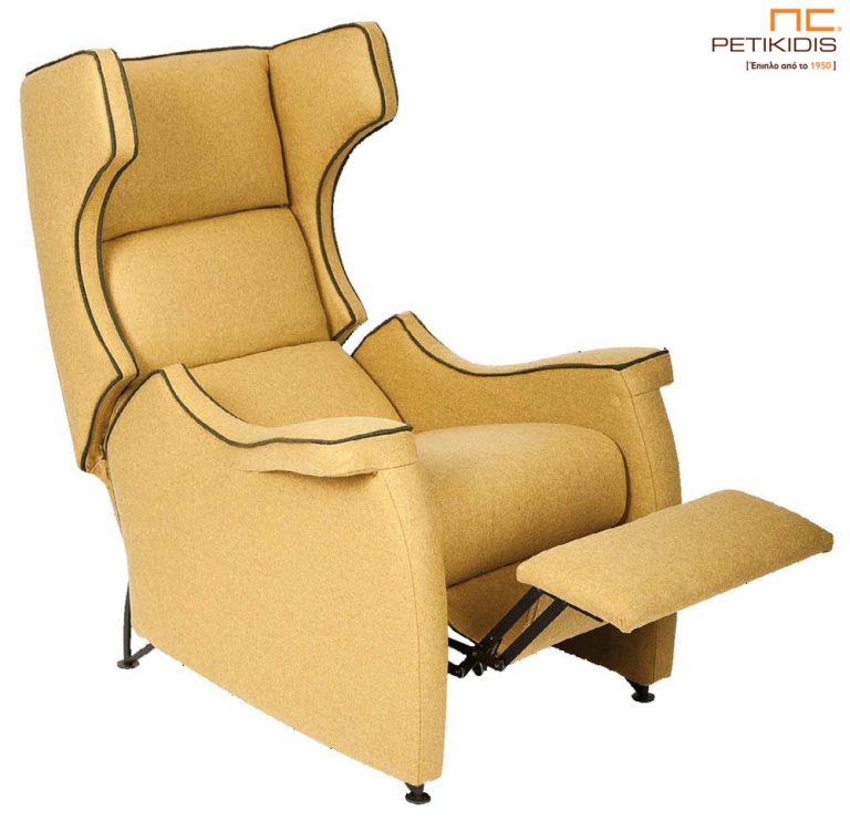 Πολυθρόνα Μήλος με ξύλινα πόδια και μηχανισμό Relax χειροκίνητο σε μοντέρνο ύφος με ύφασμα αλέκιαστο και αδιάβροχο σε μουσταρδί χρώμα με μαύρο ρέλι.