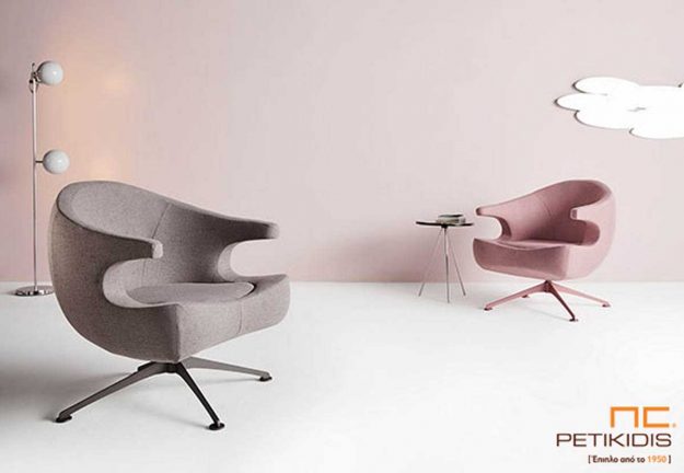 Πολυθρόνα Candy με μεταλλική περιστρεφόμενη βάση και ιδιαίτερο σχεδιασμό με αδιάβροχο ύφασμα σε ροζ και γκρι αποχρώσεις.