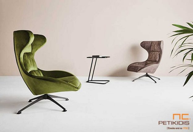 Πολυθρόνα Nova με περιστρεφόμενη μεταλλική βάση και ιδιαίτερο σχεδιασμό με βελούδο ύφασμα πράσινο και γκρι.