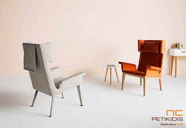 Πολυθρόνα Vintage με ιδιαίτερο σχεδιασμό και ύφασμα αλέκιαστο και αδιάβροχο σε πορτοκαλί και γκρι αποχρώσεις.