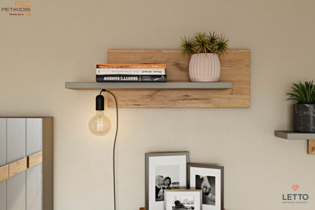 Κλασική Τραπεζαρία Διακοσμητικό ράφι της σειράς Soho σε ρουστίκ δρυς και λάκα. Προαιρετικός φωτισμός.