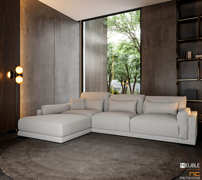 Σαλόνι γωνία Evelyn σε μοντέρνο και minimal style. Διατίθεται σε λευκό χρώμα υφάσματος αλέκιαστο και αδιάβροχο αλλά και σε μεγάλη ποικιλία άλλων χρωμάτων.