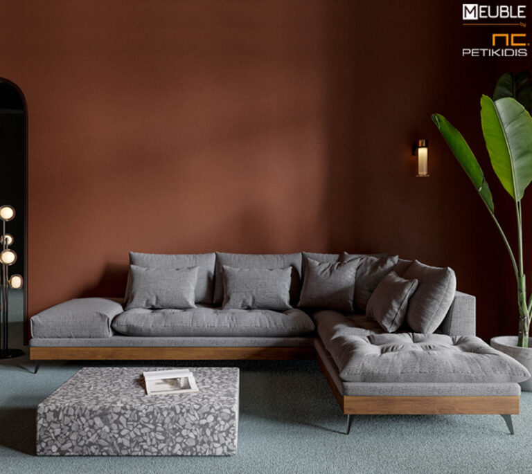 Καναπές γωνία Holland σχεδιασμένος σε μοντέρνα μίνιμαλ γραμμή με ξύλινη βάση και μεταλλικά πόδια. Το ύφασμά του είναι αδιάβροχο και αλέκιαστο σε γκρι τόνους και διατίθεται σε ποικιλία χρωμάτων καθώς και διαστάσεων.