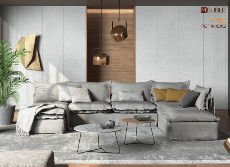 Σαλόνι γωνία Arco σε σχήμα 'Πι' σε μοντέρνα γραμμή, με μαξιλάρια πλάτης και καθίσματος από πούπουλο και σιλικόνη για καλύτερη και άνετη αίσθηση. Το ύφασμα που φοράει είναι αδιάβροχο και αλέκιαστο σε γκρι τόνους. Διατίθεται σε πολλά υφάσματα και χρώματα.