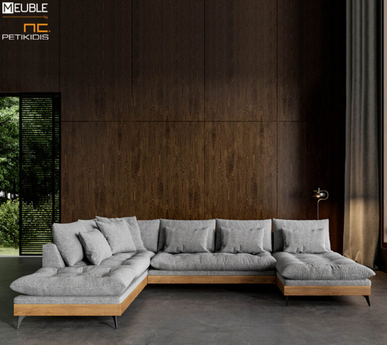 Καναπές γωνία Holland σε σχήμα 'Πι'. Σχεδιασμένος σε μοντέρνα μίνιμαλ γραμμή με ξύλινη βάση και μεταλλικά πόδια. Το ύφασμά του είναι αδιάβροχο και αλέκιαστο σε γκρι τόνους και διατίθεται σε ποικιλία χρωμάτων καθώς και διαστάσεων.