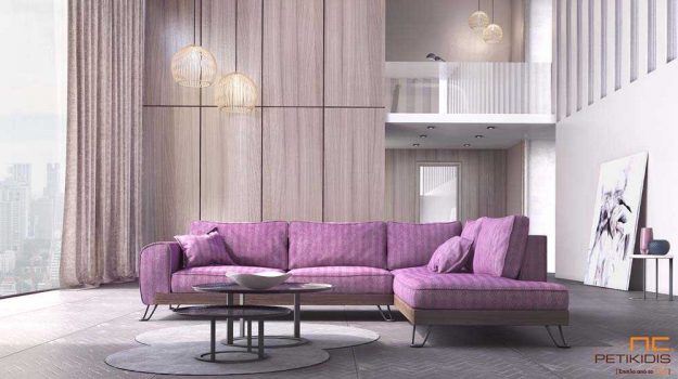 Κλασική Τραπεζαρία Σαλόνι γωνία Barcelona με μεταλλικά πόδια και μασίφ βάση από δρυς. Το ύφασμα είναι σε αποχρώσεις μοβ και η πλέξη του είναι ΄ψαροκόκαλο'.