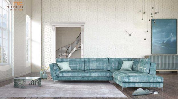 Κλασική Τραπεζαρία Σαλόνι γωνία Capri με μεταλλικά πόδια και ύφασμα σε αποχρώσεις τιρκουάζ αδιάβροχο.