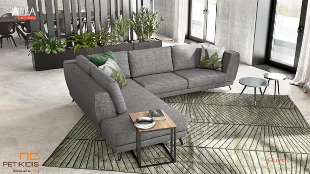 Κλασική Τραπεζαρία Σαλόνι γωνία Gusto με μεταλλικά πόδια και ύφασμα σε γκρι τόνους αλέκιαστο και αδιάβροχο.