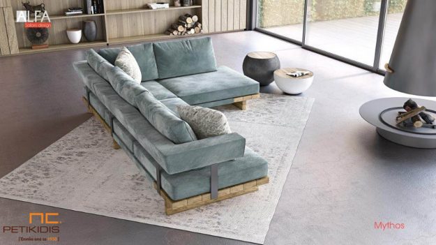 Σαλόνι γωνία Mythos με μασίφ ξύλινη βάση και ιδιαίτερο σχεδιασμό στην πλάτη. Ύφασμα βελούδο αδιάβροχο.