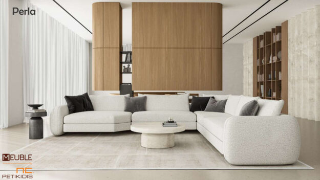 Γωνιακό σαλόνι Perla σε μοντέρνο και minimal σχεδιασμό. Ο ιδιαίτερος σχεδιασμός με καμπύλες στα μπράτσα και την πλάτη δίνει μια άλλη αισθητική στο χώρο. Διατίθεται σε μεγάλη ποικιλία χρωμάτων, υφασμάτων και διαστάσεων.