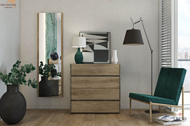 Κλασική Τραπεζαρία Συρταριέρα Joy με τέσσερα συρτάρια από τεχνητό καπλαμά δύο χρωμάτων και ολόσωμο επιτοίχιο καθρέπτη. Ένα έξυπνο έπιπλο που μπορεί να τοποθετηθεί και σε άλλους χώρους του σπιτιού εκτός του υπνοδωματίου.