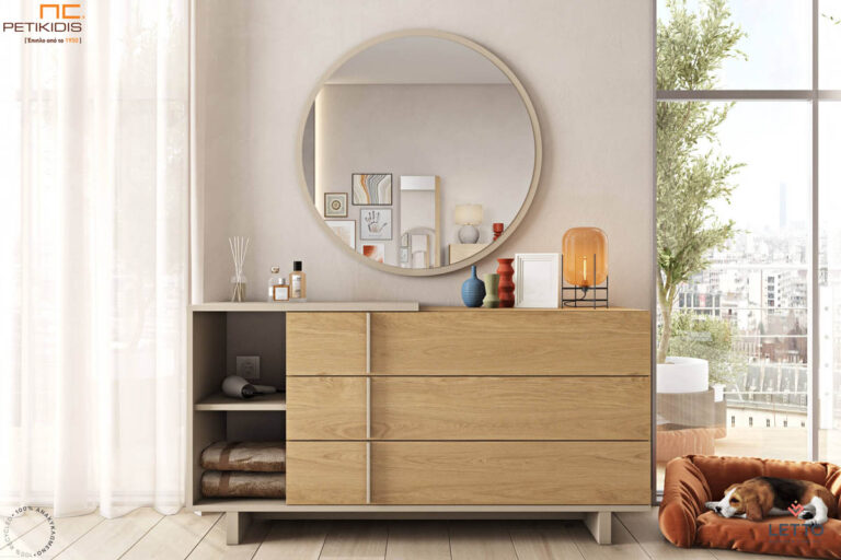 Τουαλέτα Mod κατασκευασμένη από τεχνητό καπλαμά και λεπτομέρειες λάκας. Μοντέρνος και minimal σχεδιασμός. Καθρέπτης στρογγυλός Mod με λεπτομέρεια λάκας.