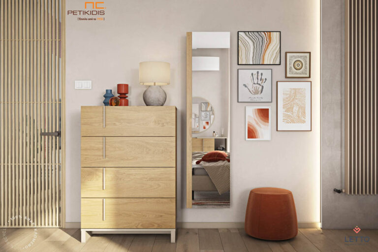 Συρταριέρα Mod κατασκευασμένη από τεχνητό καπλαμά και λεπτομέρειες λάκας. Μοντέρνος και minimal σχεδιασμός. Καθρέπτης ολόσωμος επιτοίχιος Mod με ντουλάπι για extra αποθηκευτικό χώρο.