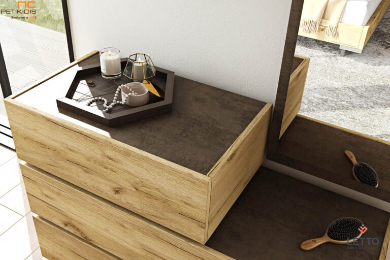 Συρταριέρα Loft από τεχνητό καπλαμά σε δύο αποχρώσεις. Συνδυάζεται με ολόσωμο επιτοίχιο καθρέπτη και ράφια. Λεπτομέρεια.