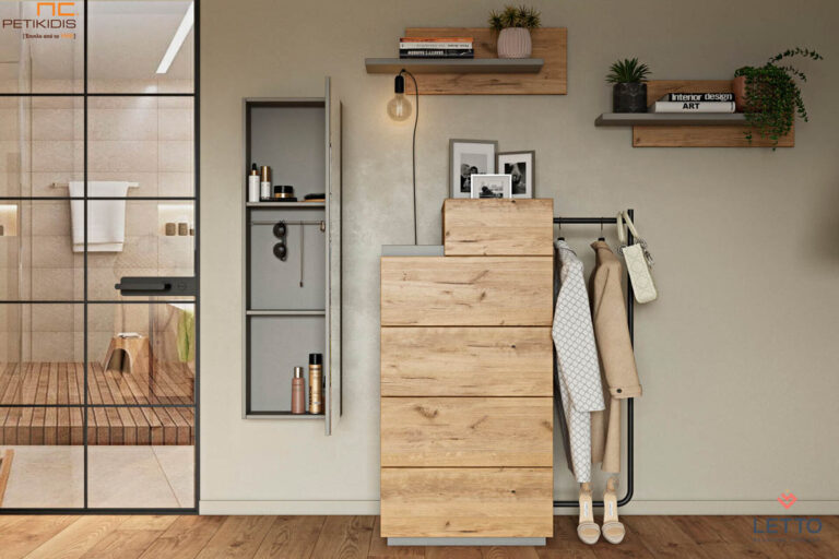 Συρταριέρα Soho από ξύλο ρουστίκ δρυς και λεπτομέρειες λάκας. Διαθέτει προαιρετικά μεταλλική κατασκευή κρεμάστρας. Μοντέρνο και minimal style με ρουστίκ διάθεση. Συνοδεύεται με ολόσωμο καθρέπτη επιτοίχιο με αποθηκευτικό χώρο και ράφια διακοσμητικά.