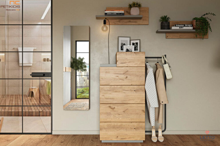 Συρταριέρα Soho από ξύλο ρουστίκ δρυς και λεπτομέρειες λάκας. Διαθέτει προαιρετικά μεταλλική κατασκευή κρεμάστρας. Μοντέρνο και minimal style με ρουστίκ διάθεση. Συνοδεύεται με ολόσωμο καθρέπτη επιτοίχιο με αποθηκευτικό χώρο και ράφια διακοσμητικά.