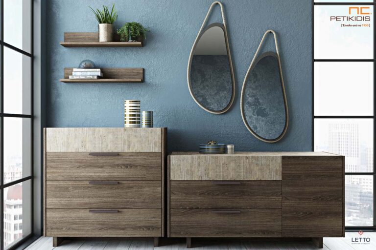 Συρταριέρα και έπιπλο vanity Sicilia με δυνατότητα προσθήκης φορτιστή usb και μηχανισμού φρένων. Διαθέσιμο σε δύο χρώματα Μ.22 & Μ.23.