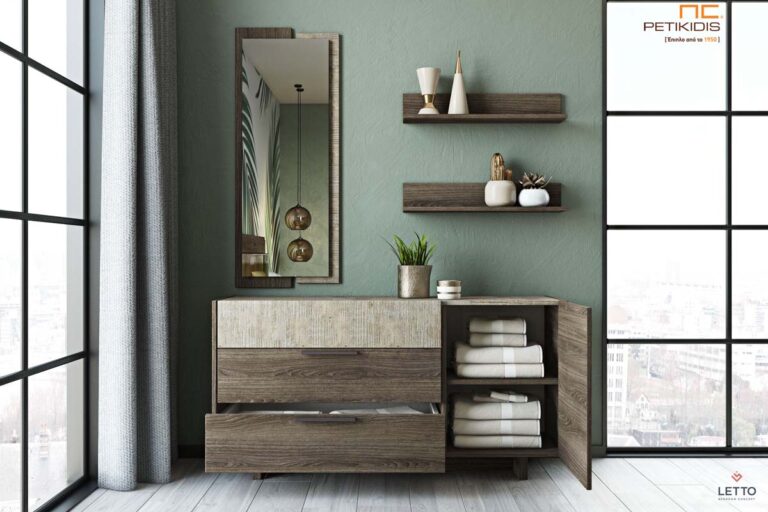 Έπιπλο vanity Sicilia με δυνατότητα προσθήκης φορτιστή usb και μηχανισμού φρένων. Διαθέσιμο σε δύο χρώματα Μ.22 & Μ.23.Συρτάρια και ντουλάπι για αποθήκευση χωρίς περιορισμούς. Ράφια διακοσμητικά και καθρέπτης. Λεπτομέρεια εσωτερικού χώρου.