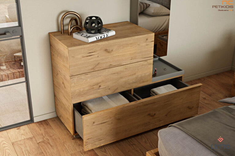 Τουαλέτα Soho από ξύλο ρουστίκ δρυς και λεπτομέρειες λάκας. Μοντέρνο και minimal style με ρουστίκ διάθεση. Συνοδεύεται με ολόσωμο καθρέπτη επιτοίχιο με αποθηκευτικό χώρο.