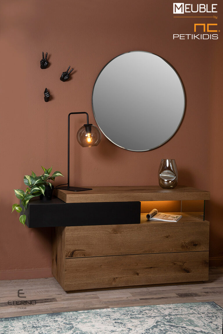 Tουαλέτα και καθρέφτης Think. Σε μοντέρνο και μίνιμαλ σχεδιασμό, κατασκευασμένα από φυσικό ξύλο δρυς ρουστίκ και λάκα γκοφρέ σε ποικιλία χρωμάτων και συνδυασμών.