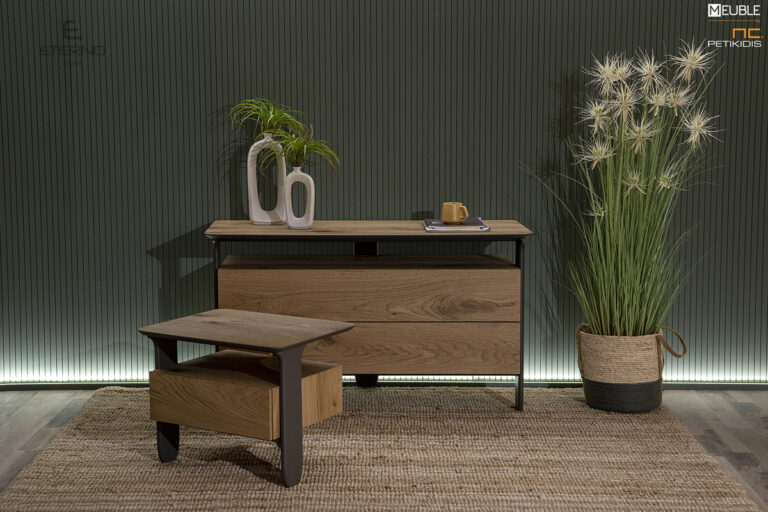 Συνοδευτικά έπιπλα (τουαλέτα-κομοδίνο) Smooth κατασκευασμένα από φυσικό ξύλο ρουστίκ δρύς συνδυασμένα με λάκα.