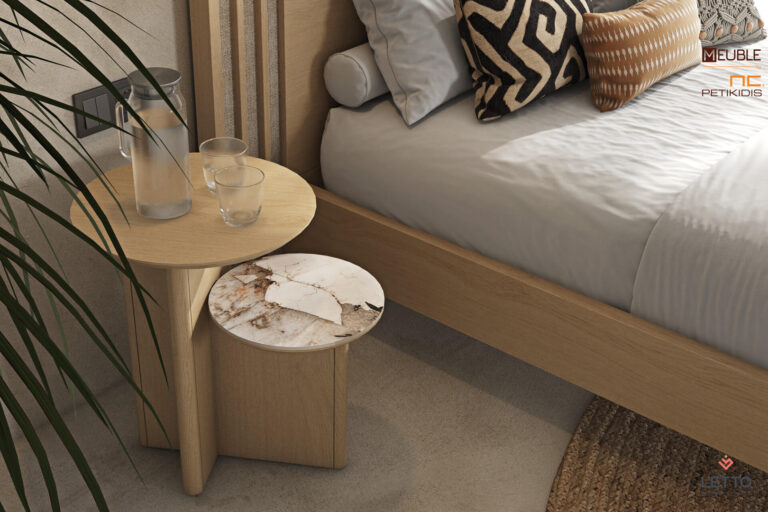 Letto κομοδίνο - βοηθητικό τραπεζάκι από ξύλο δρυς και κεραμικό καπάκι συνοδευτικό της κρεβατοκάμαρας Cliff collection D20 με σε μοντέρνο και minimal style κατασκευασμένη από καπλαμά φυσικού ξύλου δρυς, μασίφ ξύλινα πόδια και στοιχεία ψάθας στο κεφαλάρι.