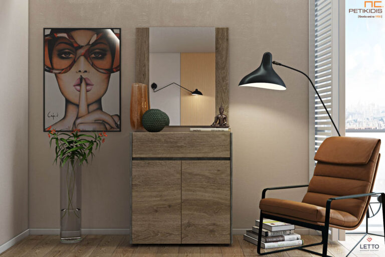 Συνοδευτικό έπιπλο Joy με ένα συρτάρι και ντουλάπι από τεχνητό καπλαμά δύο χρωμάτων και επιτοίχιο καθρέπτη. Ένα έξυπνο έπιπλο που μπορεί να τοποθετηθεί και σε άλλους χώρους του σπιτιού εκτός του υπνοδωματίου.