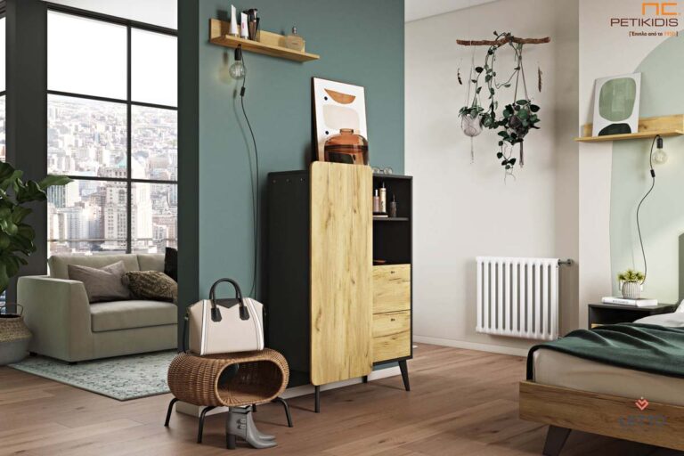 Μια ακόμη ιδιαίτερη επιλογή για το υπνοδωμάτιο, το χολ, τον διάδρομο ή το σαλόνι του σπιτιού σας είναι το έπιπλο vanity της Pop Collection. Η κύρια επιφάνεια του επίπλου έχει χρώμα graphite grey και ταιριάζει άψογα με όποιο χρώμα τεχνητού καπλαμά διαλέξετε για την εξωτερική μεριά του ντουλαπιού και των συρταριών. Διακοσμητική ράφι με δυνατότητα διακοσμητικού φωτιστικού. Το έπιπλο vanity Pop μπορεί σίγουρα να απογειώσει το στυλ του προσωπικού σας χώρου.