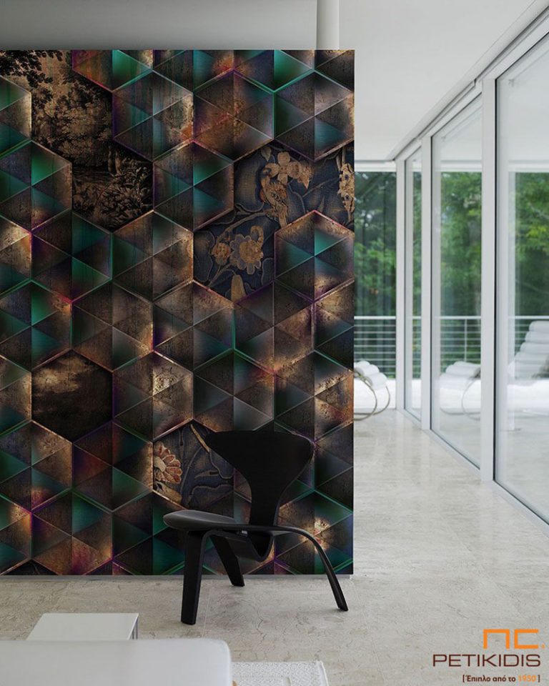 Ταπετσαρία τοίχου σε μορφή πάνελ. Μondern geometric style σε πράσινους τόνους με χρυσές λεπτομέρειες. Οι διαστάσεις του πάνελ προσαρμόζονται σύμφωνα με τον τοίχο που πρόκειται να τοποθετηθεί.