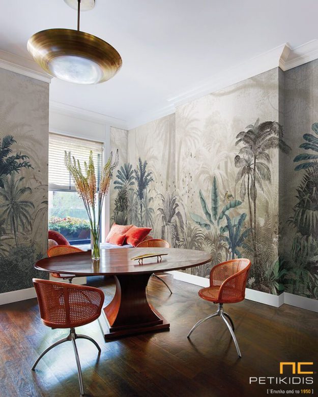 Κλασική Τραπεζαρία Ταπετσαρία τοίχου σε μορφή πάνελ. Natural urban jungle style σε off white, καφέ και μπλε τόνους. Οι διαστάσεις του πάνελ προσαρμόζονται σύμφωνα με τον τοίχο που πρόκειται να τοποθετηθεί.