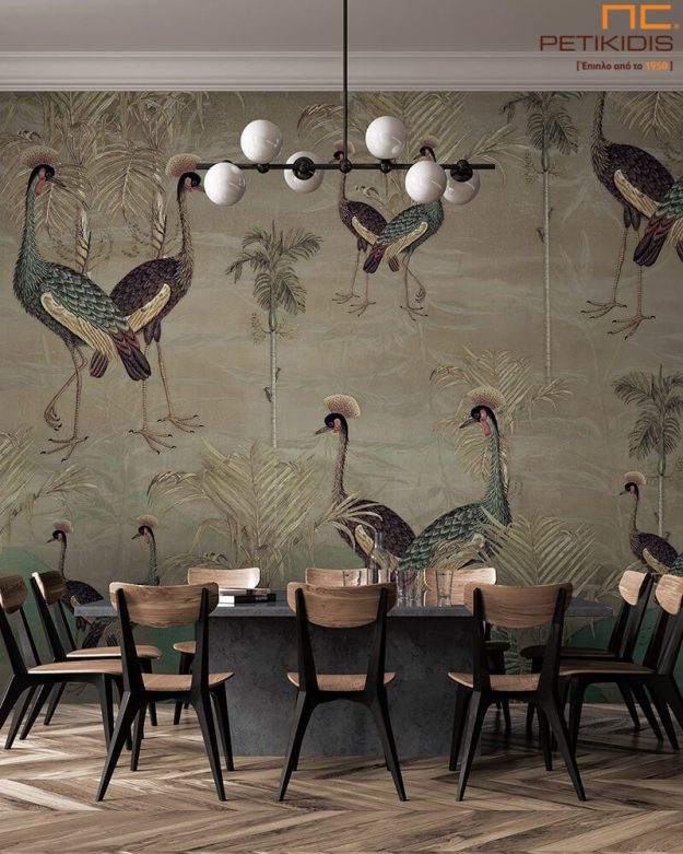 Κλασική Τραπεζαρία Ταπετσαρία τοίχου σε μορφή πάνελ. Vintage urban jungle style σε μπεζ και καφέ τόνους. Οι διαστάσεις του πάνελ προσαρμόζονται σύμφωνα με τον τοίχο που πρόκειται να τοποθετηθεί.