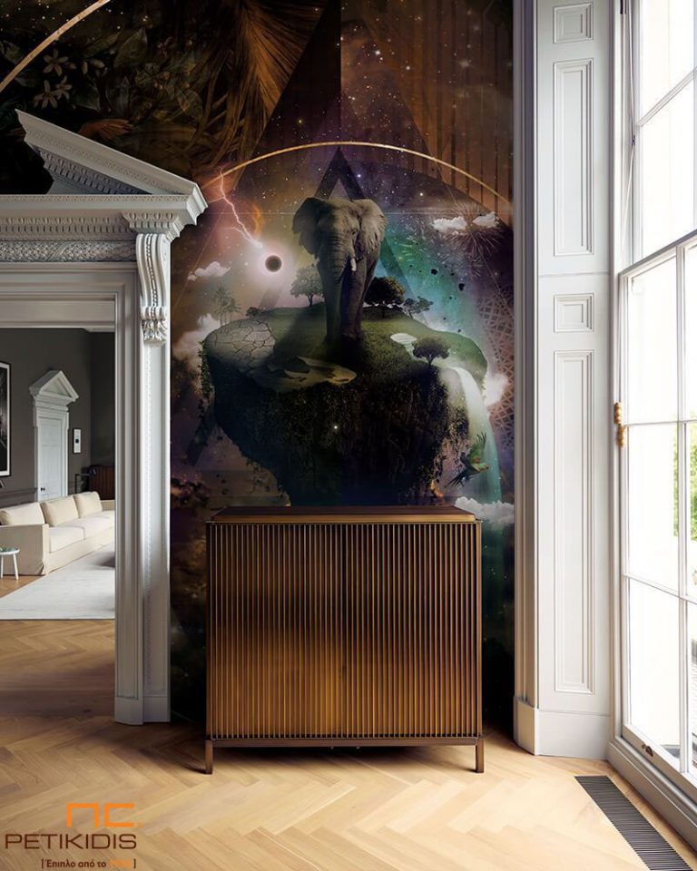 Ταπετσαρία τοίχου σε μορφή πάνελ. Urban jungle style σε πράσινους τόνους με χρυσές λεπτομέρειες. Οι διαστάσεις του πάνελ προσαρμόζονται σύμφωνα με τον τοίχο που πρόκειται να τοποθετηθεί.